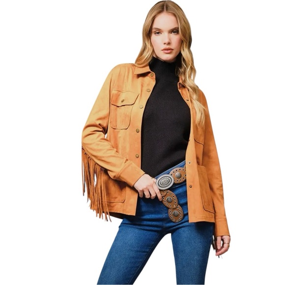 blue b Jackets & Blazers - NEW Blue b Copper Brown Faux Suede Allover Back Chevron Fringe Retro Jacket S